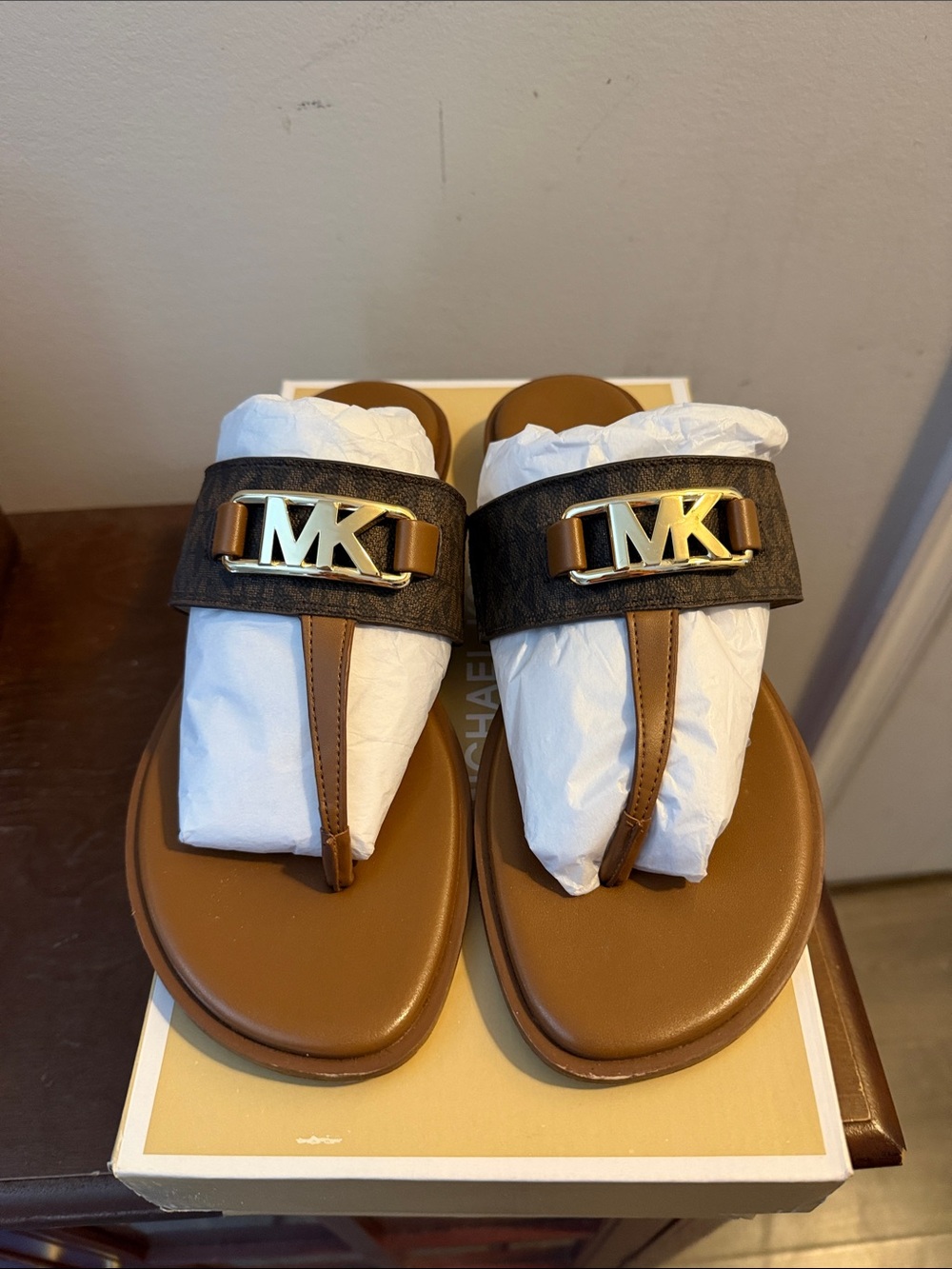 Michael Kors Brown Leather MK Logo Thong Sandals with Dark Brown Signature Strap